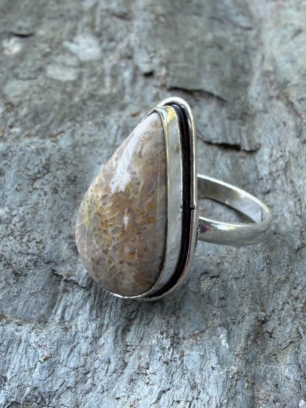 Genuine Fossil Coral Teardrop Silver Statement Ring
